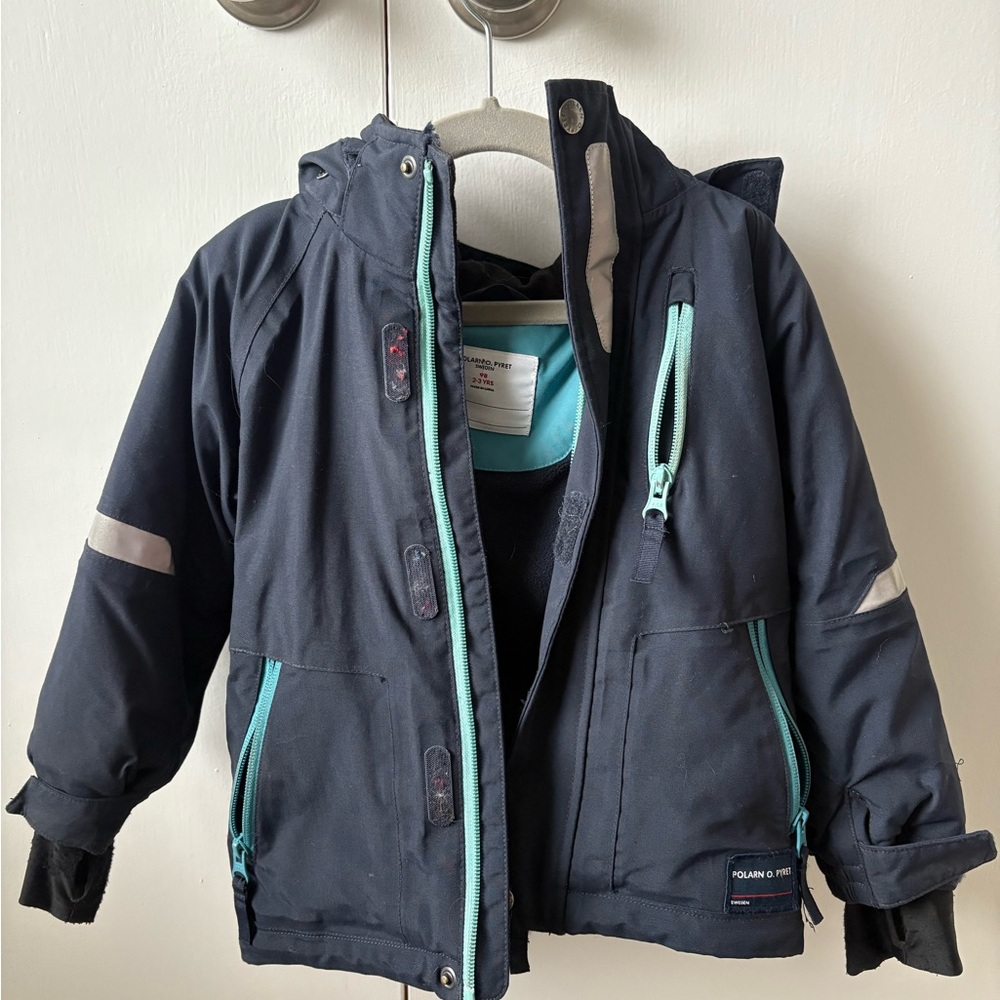 Polarn O. Pyret Blue and Green Puffer Jacket with Hood and Reflective Details